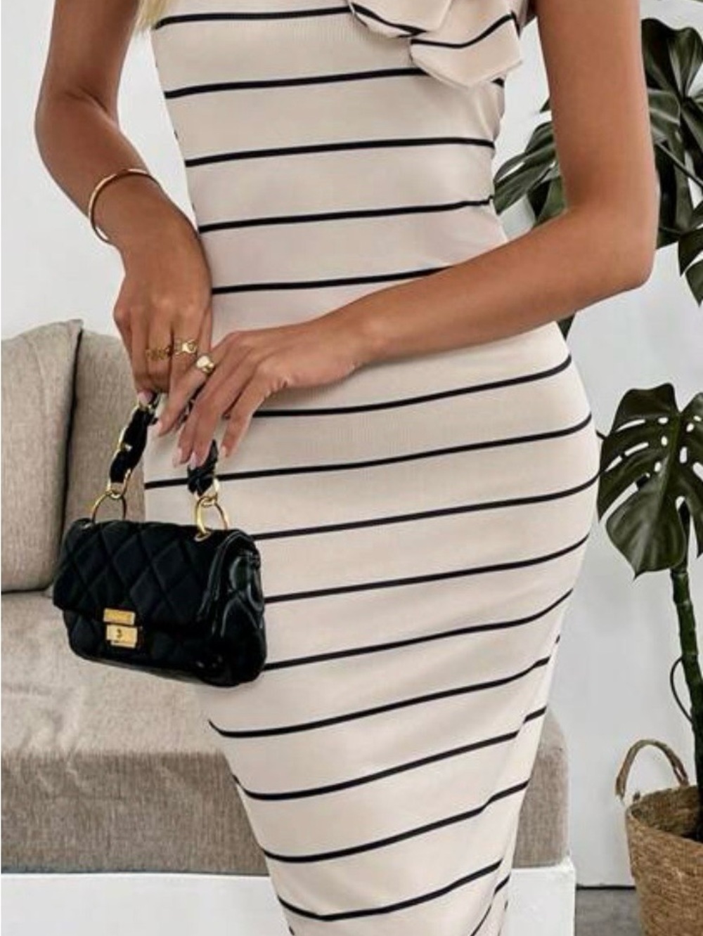 SHEIN Cream Midi Dress with Black Stripes
